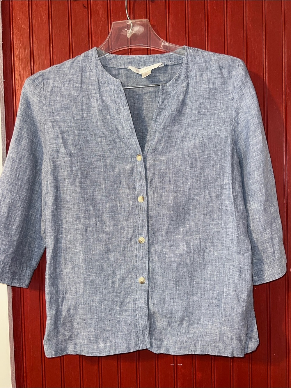 Petite Sophisticate Light Blue Linen-Blend Button Front Top